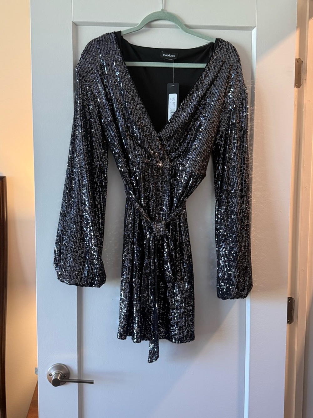 bebe Black Sequin Wrap Mini Dress with Long Sleeves